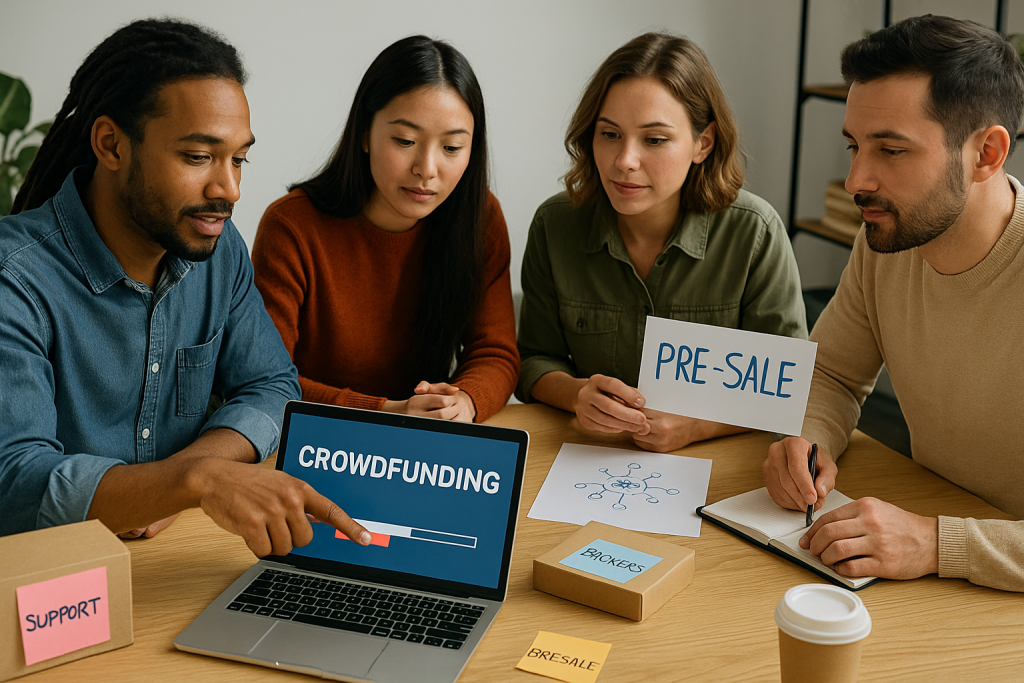 Grupo de emprendedores reunidos alrededor de una mesa colaborando frente a una laptop con plataforma de crowdfunding, representando alternativas al crédito como crowdfunding, preventas y redes de apoyo.